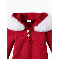 patpat Baby Boy/Girl White Imitation Knitting Textured Spliced Faux Fur Hooded Long-sleeve Romper and Pants Set Red