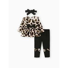 Patpat Baby Girl Clothes 3pcs Leopard Ruffle Top and Leggings with Headband Set Apricot