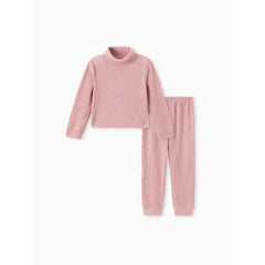 Patpat 2pcs Toddler Girl Solid Color Ribbed Turtleneck Long-sleeve Tee and Elasticized Pants Set pink