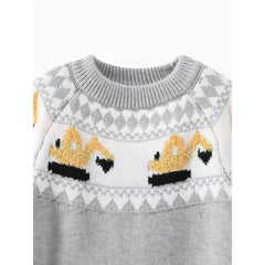 PATPAT Toddler Boy Playful Vehicle Excavator Pattern Colorblock Sweater Grey