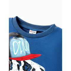 PATPAT Toddler Boy 2pcs Dino Print Sweatshirt and Denim Ripped Jeans Set Blue