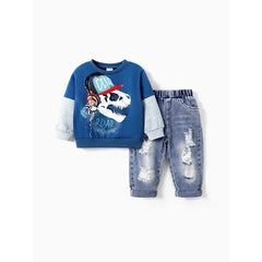 PATPAT Toddler Boy 2pcs Dino Print Sweatshirt and Denim Ripped Jeans Set Blue