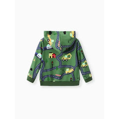 Patpat Toddler Boy Road Vehicle Print Hoodie Sweatshirt Green