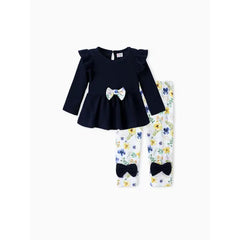 Patpat Baby Girl Clothes 2pcs Ruffled Top and Floral Leggings Set Blue