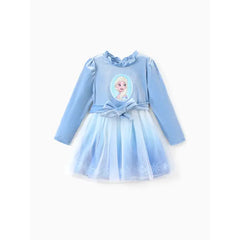 PATPAT Disney Frozen Toddler Girls 2pcs Elsa Embroidered Snowflake Print Velet Tulle Long-sleeve Dress