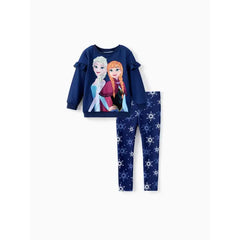 Patpat Disney Frozen Toddler Girls Elsa 2pcs Floral Flutter-sleeve Sweatshirt with Leggings Set light deep blue