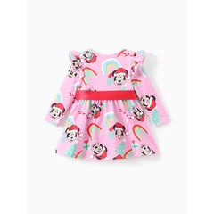 Patpat Disney Mickey and Friends Toddler Girl Christmas Full Print Bow Tie Long-sleeve Dress pink