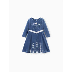 PATPAT Disney Frozen Toddler Girl 1pc Elsa silver pressed Long-sleeve Velvet Dress Blue