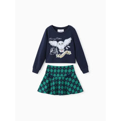 PATPAT Harry Potter Kid Girl 2pcs Owl Print Long-sleeve Sweatshirt And Bow tie Plaid Skirt Set Blue