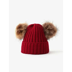 PATPAT Double Hairball Knitted Beanie Hats for Kid Red