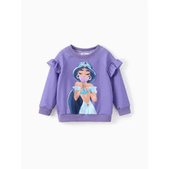 PATPAT Disney Princess Toddler Girl 2pcs Jasmine/Cindere/Aurora/Bella Pattern Ruffled Long-sleeve Sweatshirt And Pants Set Purple