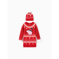 PATPAT Peppa Pig Toddlers Girl 2pcs Christmas Pattern Knitted Dress With Hat Set Red