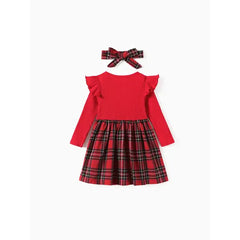 PATPAT Christmas Toddler Girl Grid Print Ruffled Dress with Headband Red