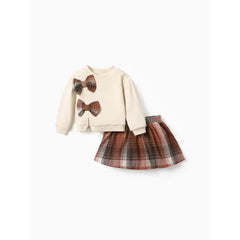 Patpat 2-piece Toddler Girl Bowknot Design Sweatshirt and Plaid Skirt Set Apricot