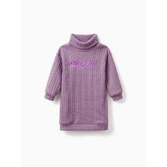 Patpat Toddler Girl Letter Embroidered Textured Turtleneck Long-sleeve Sweater Dress Purple