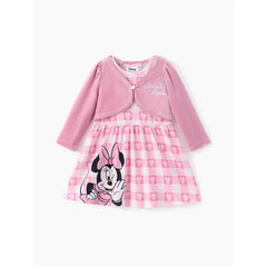 PATPAT Disney Mickey and Friends Baby/Toddler Girl 2pcs Minnie Mouse Checkered Pattern Velvet Cardigan And Naia™ Dress Set Pink