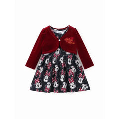 PATPAT Disney Mickey and Friends Baby/Toddler Girl 2pcs Minnie Mouse Checkered Pattern Velvet Cardigan And Naia™ Dress Set Red