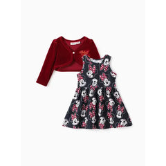 PATPAT Disney Mickey and Friends Baby/Toddler Girl 2pcs Minnie Mouse Checkered Pattern Velvet Cardigan And Naia™ Dress Set Red