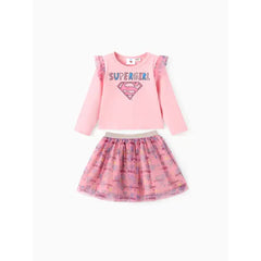 PATPAT Justice League Toddler Girl 2pcs Cotton Supergirl Ruffled Top And Allover Print Tulle Skirt Set pink