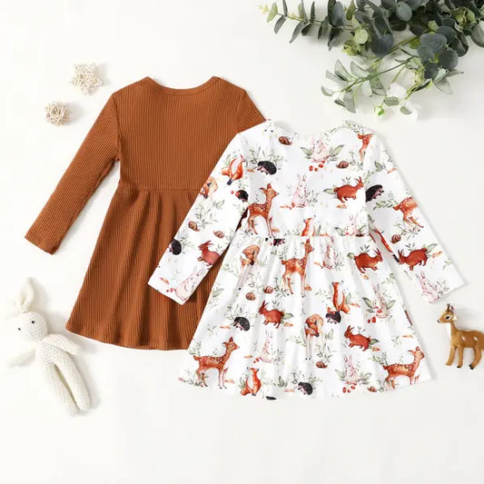 Patpat Toddler Girl 2pcs Solid Color & Animal Print Dress brown