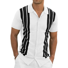 Iceglad Mens Polo Shirts Vintage Striped Knitting Short Sleeves Button Down Golf Shirts