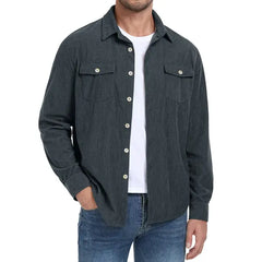 GIRUNS Men's Corduroy Jacket Casual Lightweight Jacket Button Up Long Sleeve Shirts With Flap Pockets Navy Blue L