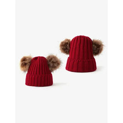 PATPAT Double Hairball Knitted Beanie Hats for Women red