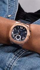GUESS Rose Gold-Tone and Navy Silicone Multifunction Watch