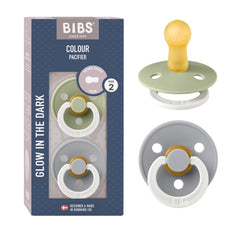 BIBS Colour Glow Soother 2-Pack, Glow in The Dark BPA Free Dummy Pacifier, Round Natural Rubber Latex, Size 2 (6-18 Months), Sage Night/Cloud Night