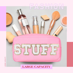 4 Pcs Preppy Makeup Bag Chenille Letter Nylon Cosmetic Makeup Organizer Bag Toiletry Cosmetic Case Preppy Bag with Zipper Stuff Bag Cosmetic/Makeup Pouch for Women Teen Girl (Mixed Colors), Mixed