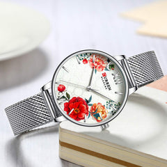 CURREN 9060 Luxury Casual Business Quartz Women Watch Flower Dial Elegant Exquisite Lady Wrist Watch 3ATM Waterproof Clock Wristwatch for Female Ladies with Stainless Steel Mesh Strap Band - Silver