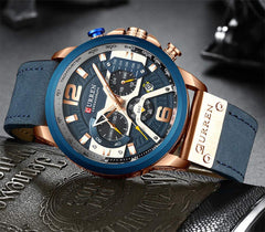 CURREN Men's Leather Strap Watches Classic Casual Dress Stainless Steel Waterproof Chronograph Date Analog Quartz Watch - Blue