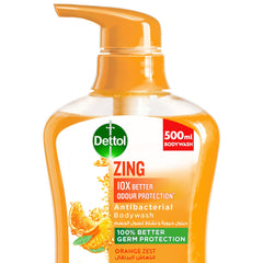 Dettol Zing Antibacterial Bodywash, 10X Better Odour Protection, 100% Better Germ Protection, Orange Zest, 500ml (Packaging may vary)
