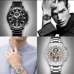 CURREN Men's Chrono Watch Gun Metal Steel Case Black Dial 3 Subdials Black Stainless Steel Case