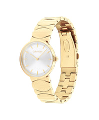 CALVIN KLEIN WOMEN'S SILVER WHITE DIAL IONIC PLATED THIN GOLD STEEL BRACELET WATCH - 25100043