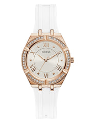GUESS Blue + Rose Gold-Tone Crystal Silicone Watch