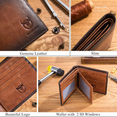 BULL CAPTAIN Wallets for Men with Double Zip Coin Purse Bifold Vintage Genuine Leather Slim Front Pocket Wallet Money Clip QB-6 (Brown)