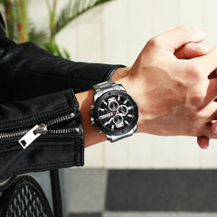 CURREN Men's Chronograph Watch Stainless Steel Case Black Dial 3 Subdials with Date Window Stainless Steel Bracelet, Silver