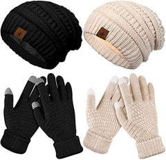 4 Pieces Winter Glove and Hat Set Women Winter Hat Touchscreen Gloves Warm Knitted Beanie Hats and Gloves for Women - 12