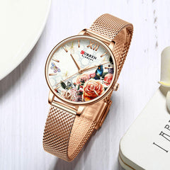 CURREN 9060 Women's Casual Flower Dial 3ATM Waterproof Stainless Steel Mesh Strap Quartz Watch