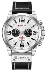 CURREN White Chronograph Fashion Trend Multi-Function Waterproof Quartz Watch Black Leather Strap Military Watch (Silver White)