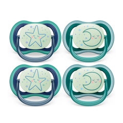 AVENT Philips Ultra Air Pacifier - 4 x Light, Breathable Glow-in-The-Dark Baby Pacifiers for Babies Aged 6-18 Months, BPA Free with Sterilizer Carry Case, SCF376/08