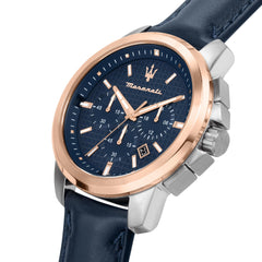 Maserati Successo Men's Watch, Chronograph, Made of Stainless Steel, Rose Gold PVD, Leather - R8871621015