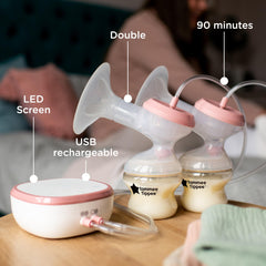 Tommee Tippee Made for Me Double Electric Breast Pump, Massaging Silicone Cup, USB Rechargeable, Quiet, Portable, Express Modes, Baby Bottle Included