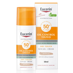 Eucerin Face Sunscreen Oil Control Tinted Gel-Cream Dry Touch, High UVA/UVB Protection, SPF 50+, Color Pigments for Dual Effect, Immediately Covers Skin Imperfections, For Oily Acne-Prone Skin, 50ml