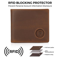 Polare Men's RFID Blocking Cowboy Genuine Natural Crazy Horse Leather Bifold Wallet - Brown-Large with AirTag Slot