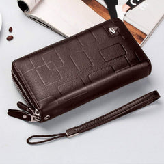 Mens Clutch Bag Handbag Genuine Leather Purse Zipper Long Wallet Business Large Hand Clutch Phone Holder - Stripe Brown Double Zipper