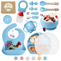 O'doe Baby Led Weaning Feeding Supplies for Toddlers, Baby Feeding Set | Suction Silicone Baby Bowl-Self Eating Utensils Set with Spoons, Bibs, Toddlers Spoon Set | Infant Food Plate Kit (Blue, V2)