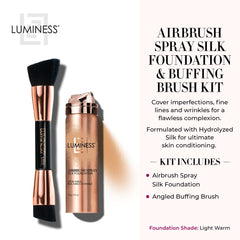 LUMINESS Silk Airbrush Spray Foundation & Buffing Brush Kit β Full Coverage Foundation & Dual-Sided Buffing Brush - Buildable Coverage, Anti-Aging Formula Hydrates & Moisturizes (Shade - Light Warm)