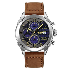 SKMEI Men's Watch Leather Strap Luxury Waterproof Fashion Business Analog Quartz Chronograph Father Gift Black Watch, 2051 - Silver Dark Brown